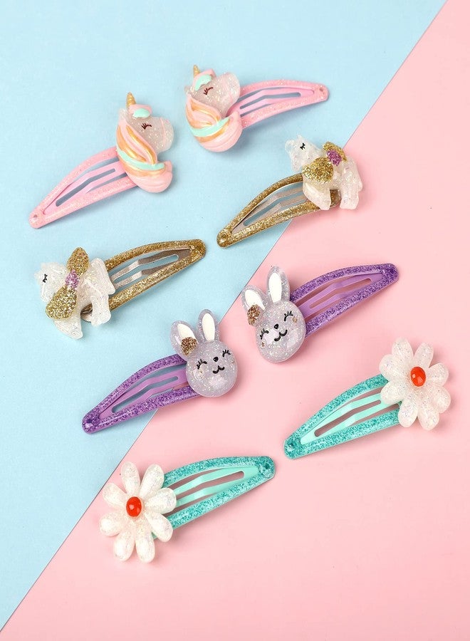 Wingchold Girls Flower Snap Hair Clips, 8Pcs Unicorn No Slip Metal Hair Clips, Sparkly Unicorn Hair Accessories for Toddlers Kids, Colorful Rabbit Barrette Hair Pins, Party Birthday Gift Supplies - Image 3